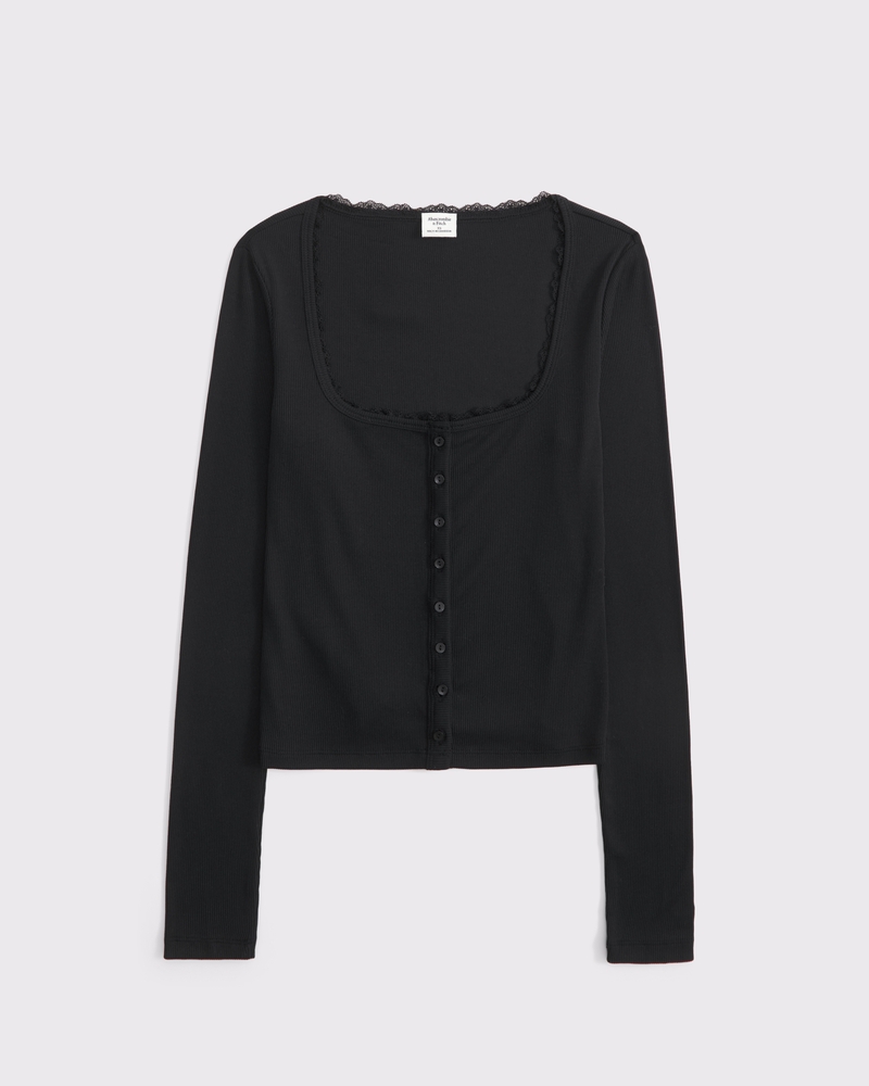 Long-Sleeve Rib Icon Button-Through Top