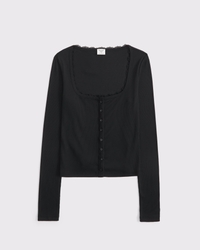 Long-Sleeve Rib Icon Button-Through Top