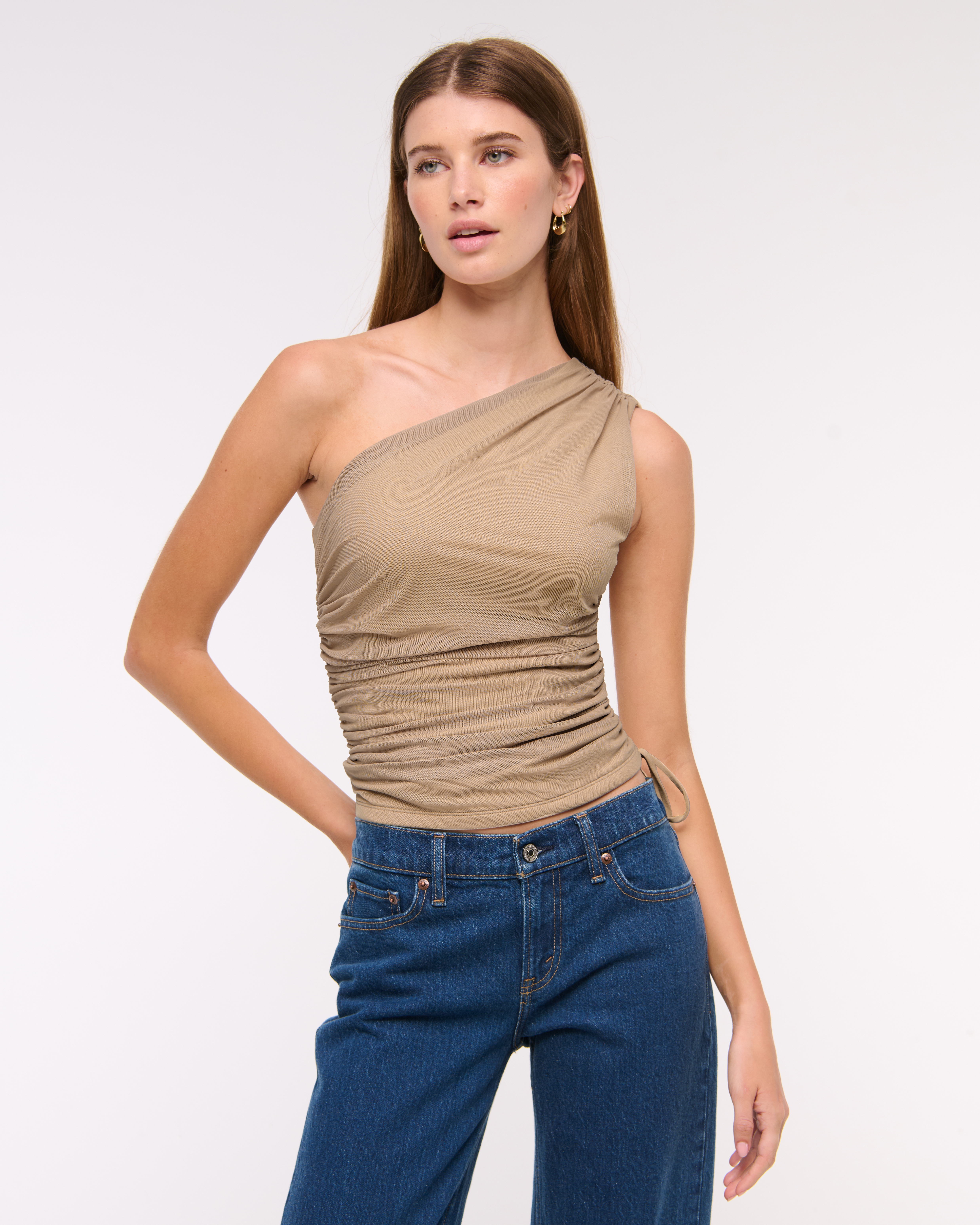 Abercrombie & Fitch One-shoulder Cinched Tie Top In Blue