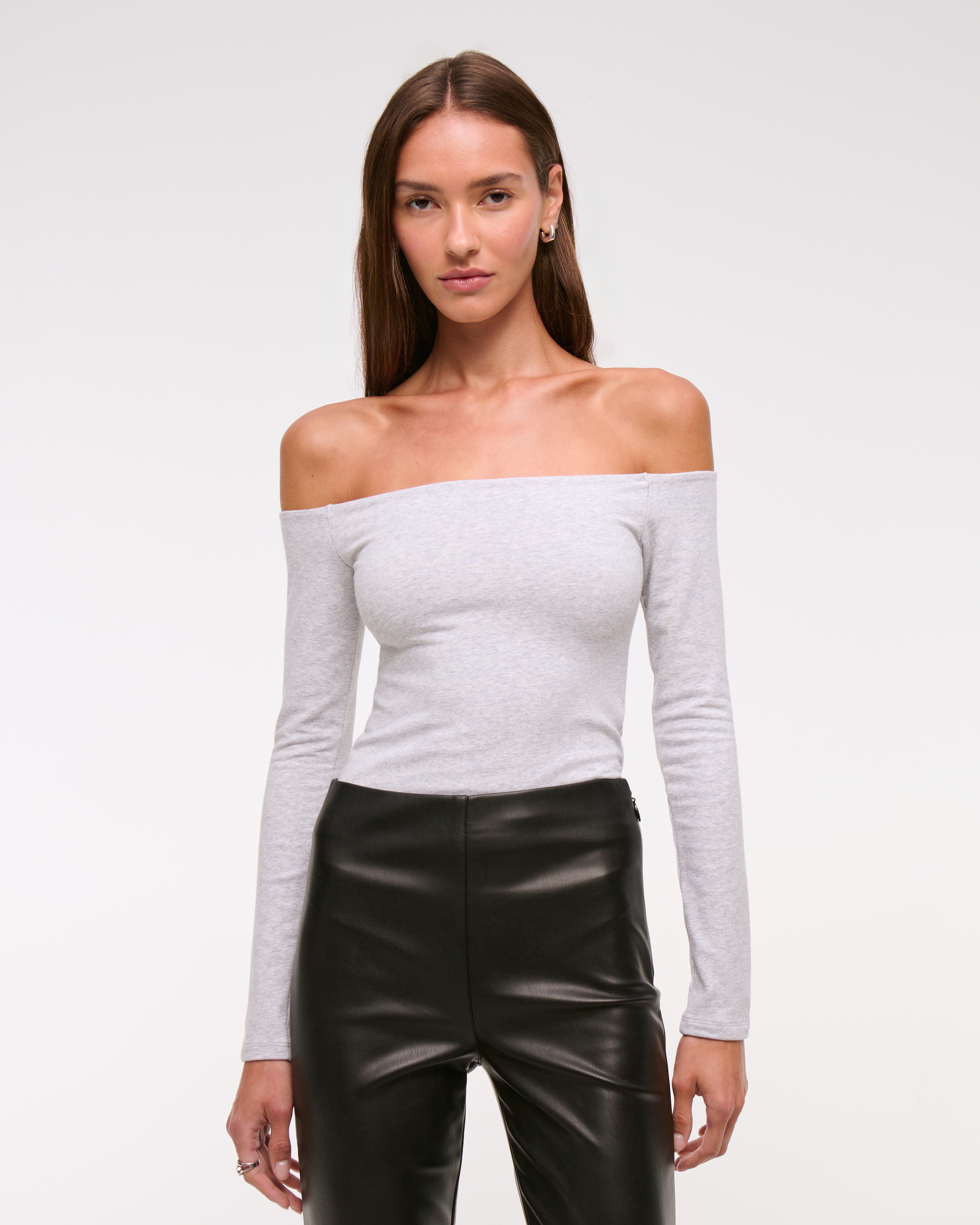 Abercrombie & Fitch Cotton-blend Seamless Fabric Off-the-shoulder Top In Gray