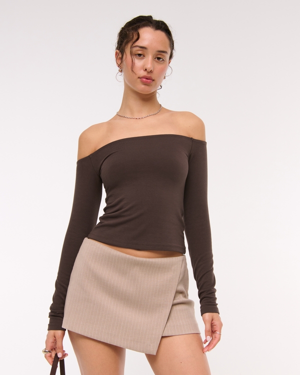 Cotton-Blend Seamless Fabric Off-The-Shoulder Top, Dark Coffee view 1