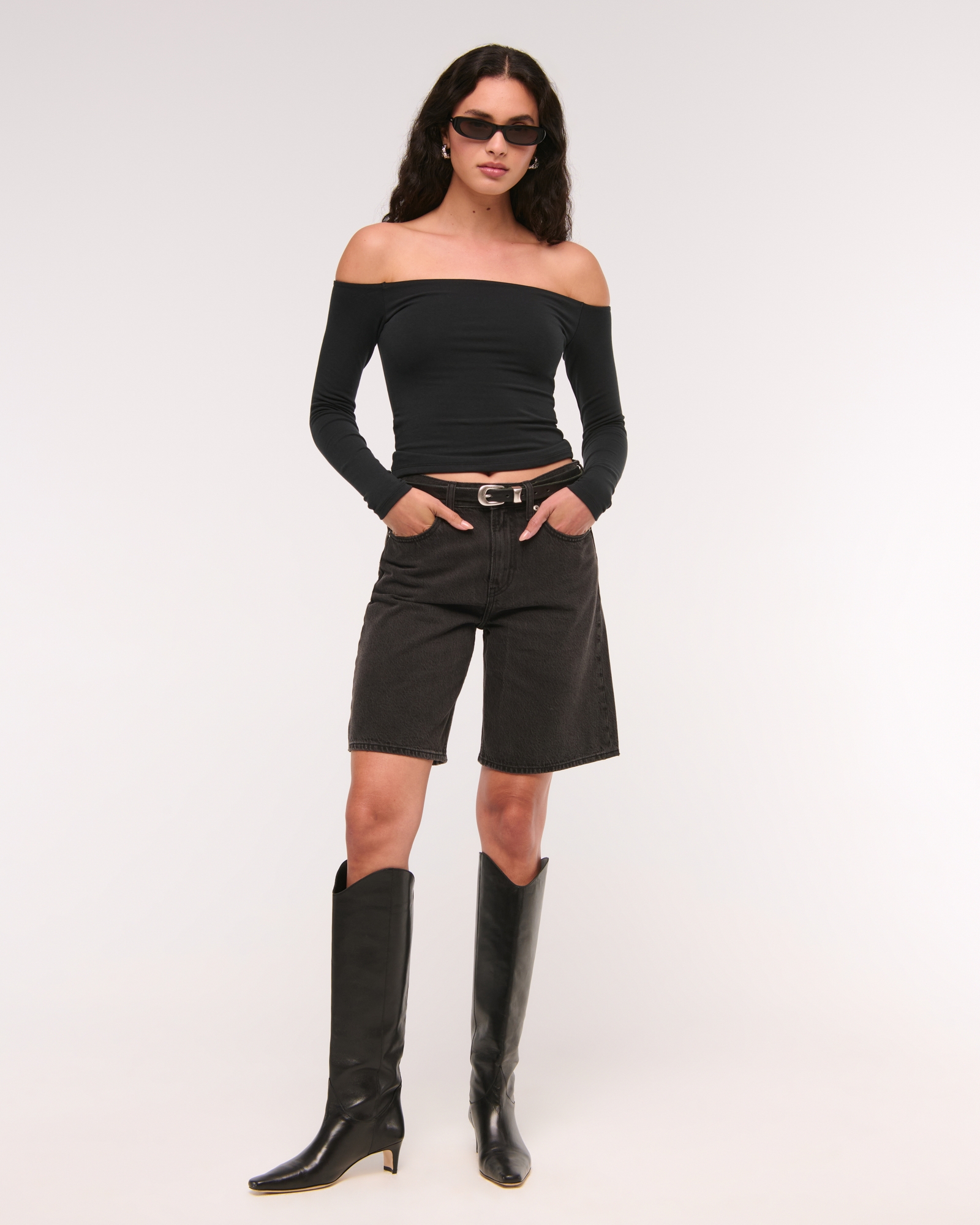 Long-Sleeve Cotton-Blend Seamless Fabric Off-The-Shoulder Top