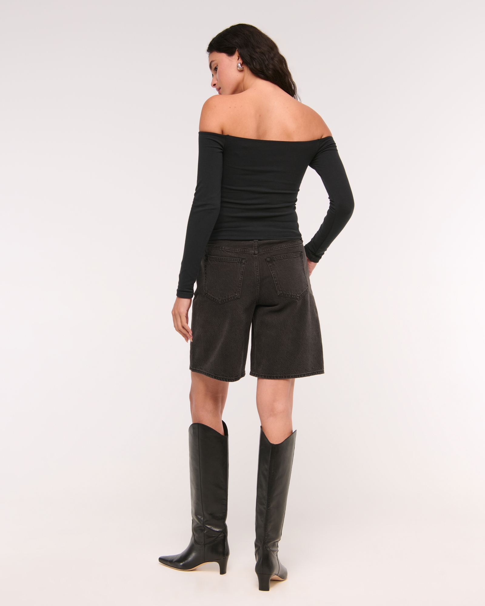 Long-Sleeve Cotton-Blend Seamless Fabric Off-The-Shoulder Top