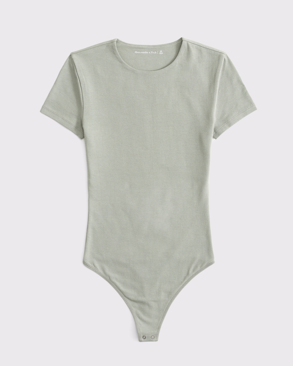 Cotton-Blend Seamless Fabric Tee Bodysuit, Frosty Olive view 1