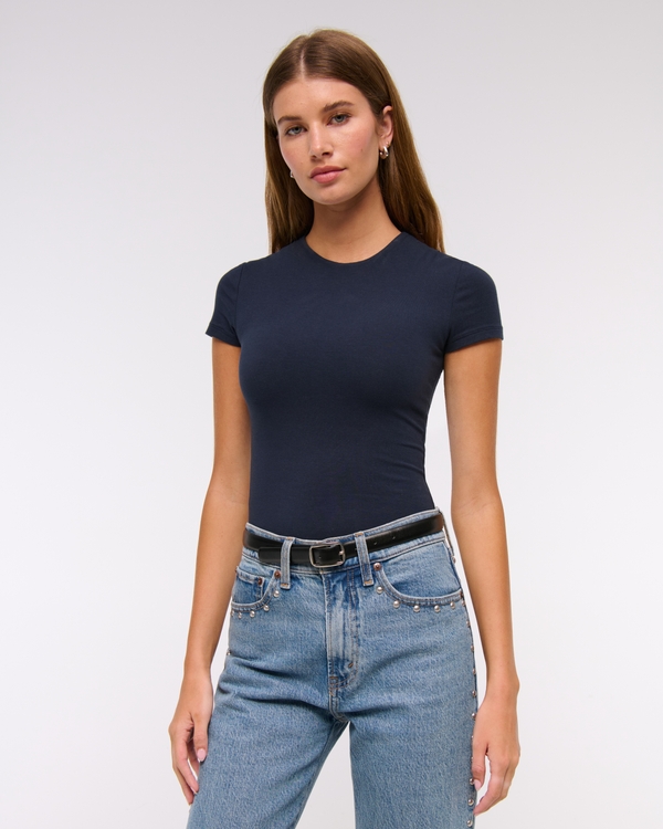 Short-Sleeve Cotton-Blend Seamless Fabric Crew Bodysuit, Dark Indigo view 1