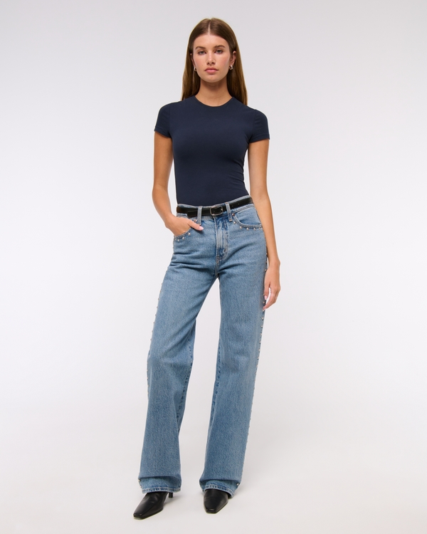 Short-Sleeve Cotton-Blend Seamless Fabric Crew Bodysuit, Dark Indigo view 2