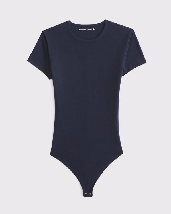 Short-Sleeve Cotton-Blend Seamless Fabric Crew Bodysuit, Dark Indigo view 1