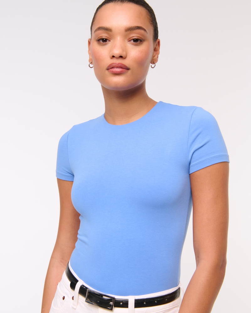 Short-Sleeve Cotton-Blend Seamless Fabric Crew Bodysuit