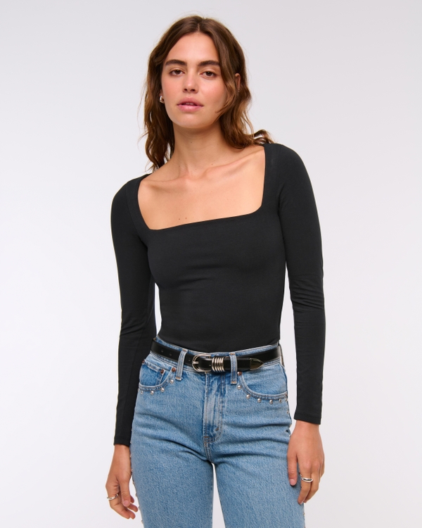 Double-Lined Wide Squareneck Bodysuit, Black view 1