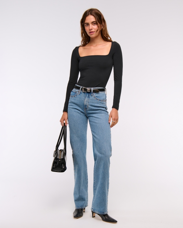 Double-Lined Wide Squareneck Bodysuit, Black view 2
