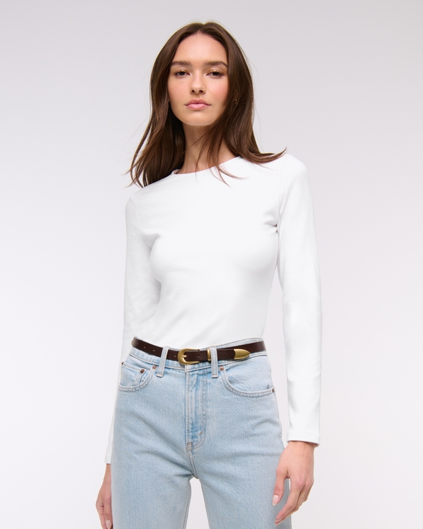 Long-Sleeve Cotton-Blend Seamless Fabric Crew Bodysuit, White view 1