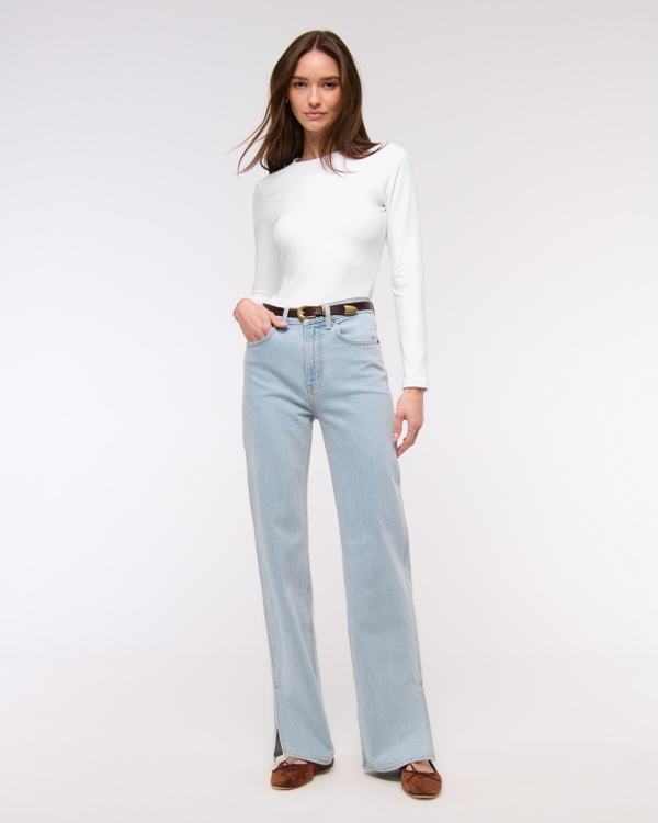 Long-Sleeve Cotton-Blend Seamless Fabric Crew Bodysuit, White view 2