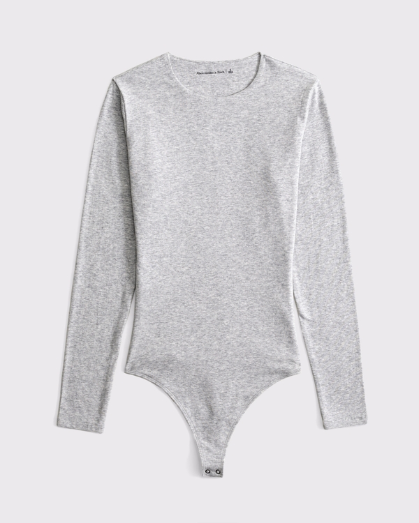 Long-Sleeve Cotton-Blend Seamless Fabric Crew Bodysuit, Light Gray view 1