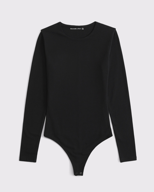 Long-Sleeve Cotton-Blend Seamless Fabric Crew Bodysuit, Black view 1