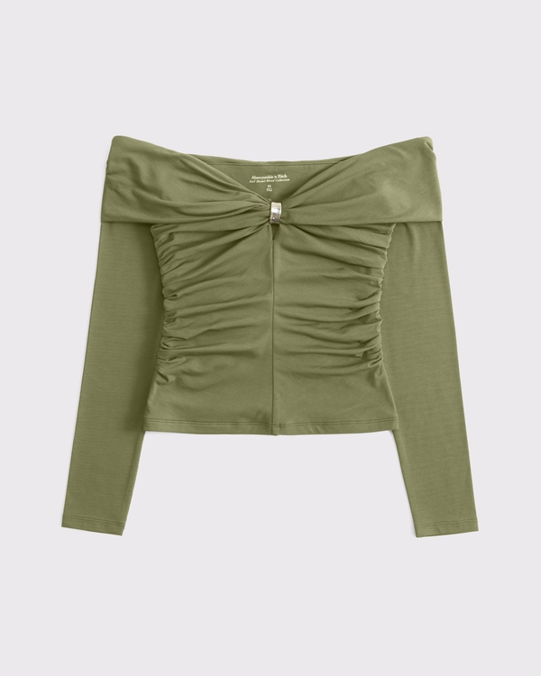 Off-The-Shoulder Hardware Top, Moss Green view 1