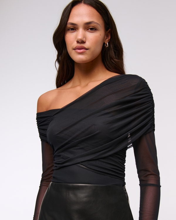 Long-Sleeve Wrap Mesh Bodysuit, Black view 1