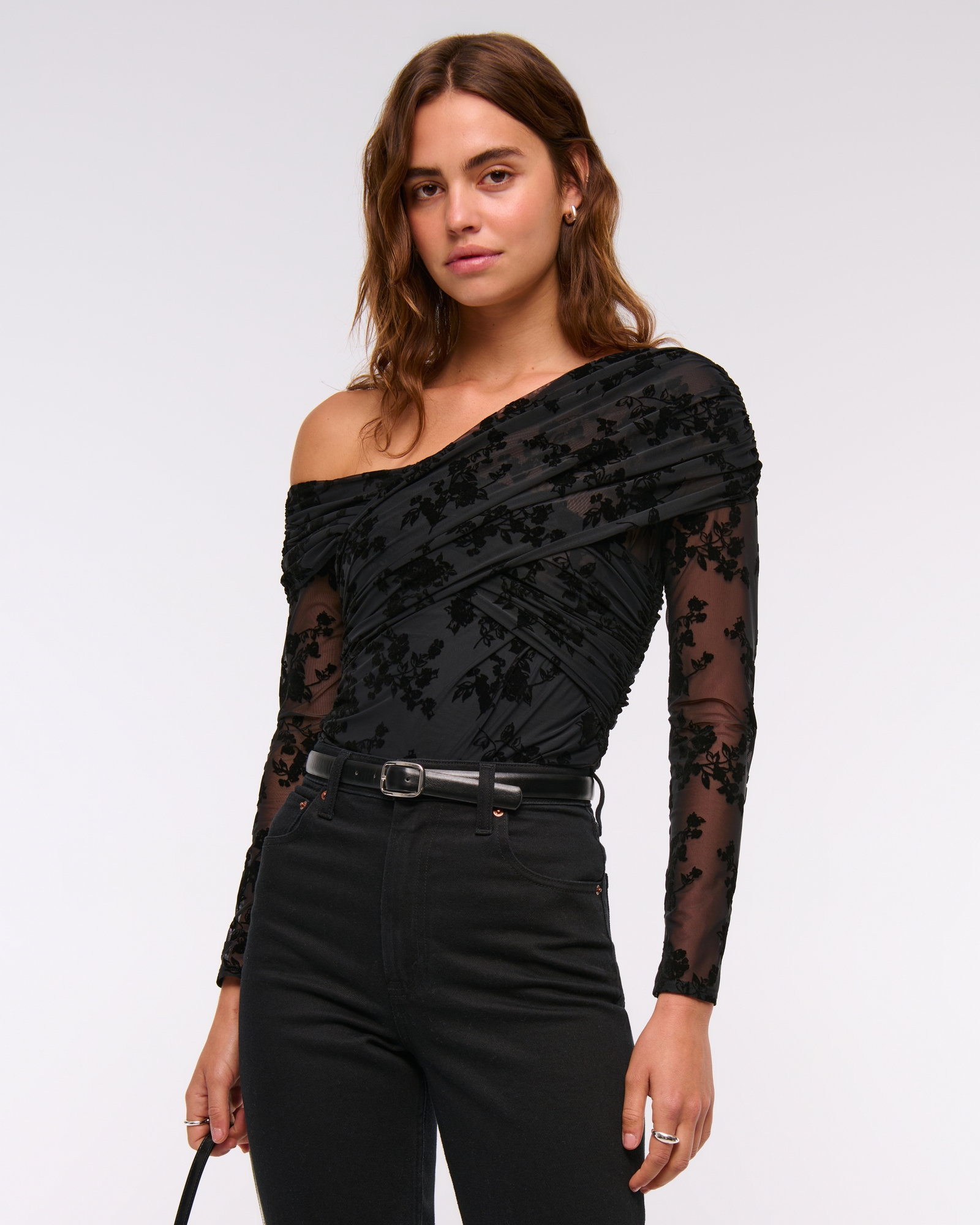 Long-Sleeve Wrap Mesh Bodysuit