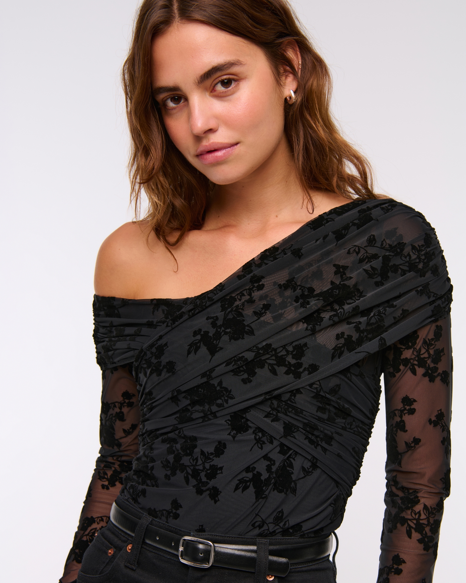 Long-Sleeve Wrap Mesh Bodysuit