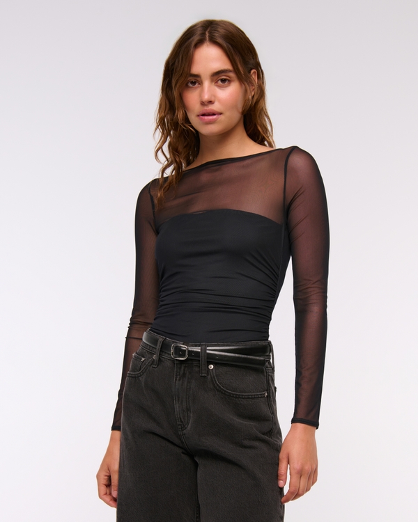 Bra-Free Open-Back Mesh Bodysuit, Black view 1