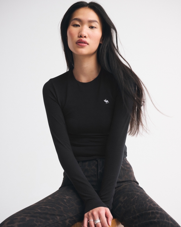 Long-Sleeve Icon Crew Top, Black view 1