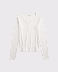 Long-Sleeve Rib Notch-Neck Top