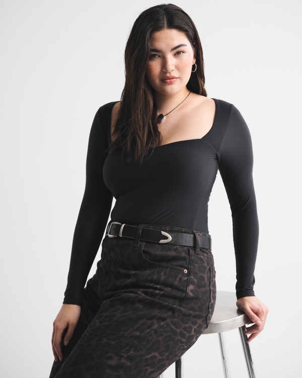 Soft Matte Seamless Long-Sleeve Sweetheart Bodysuit, Zwart view 1