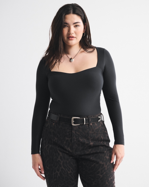 Soft Matte Seamless Long-Sleeve Sweetheart Bodysuit, Zwart view 2
