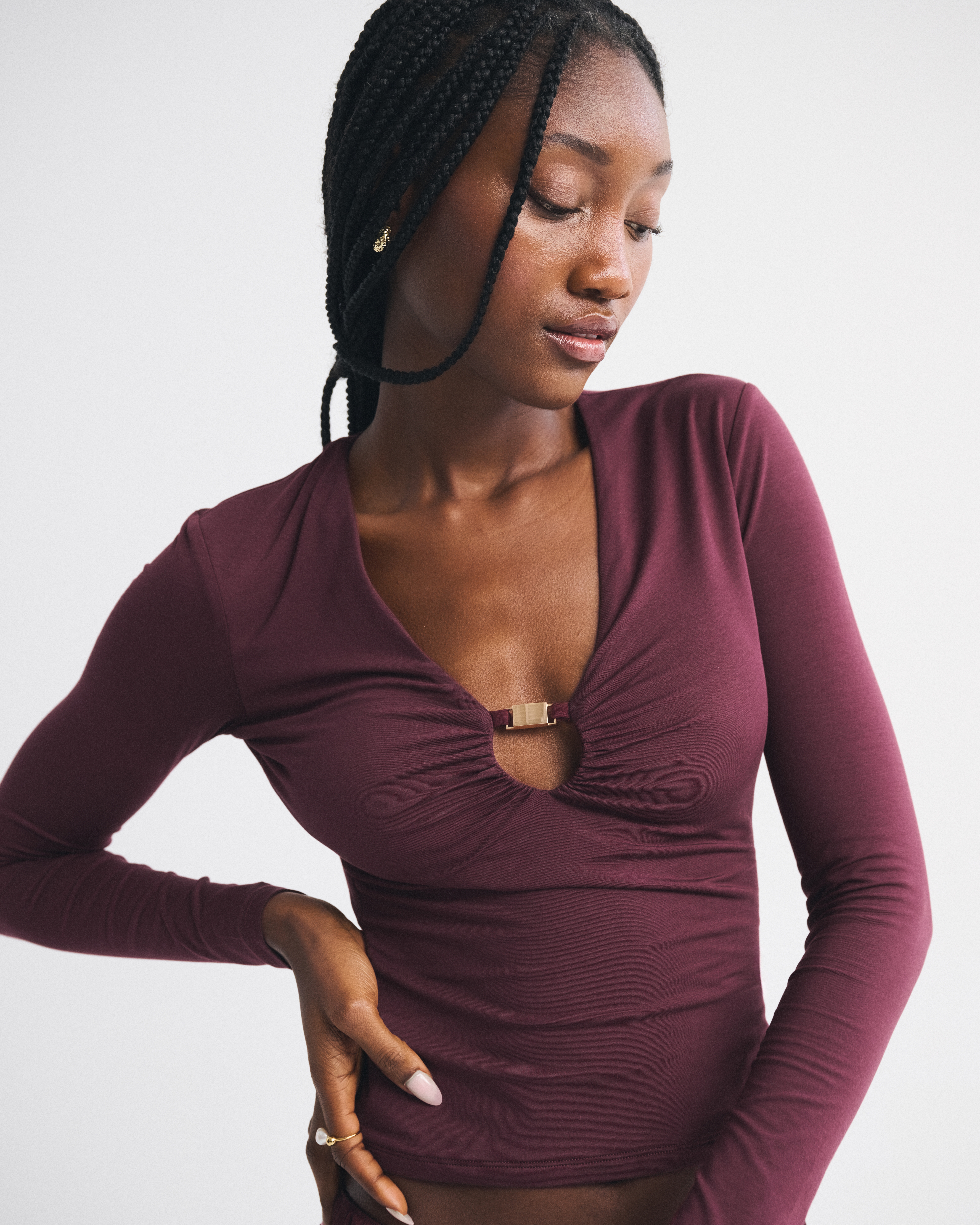 Abercrombie & Fitch Bra-free Hardware Long-sleeve Top In Burgundy