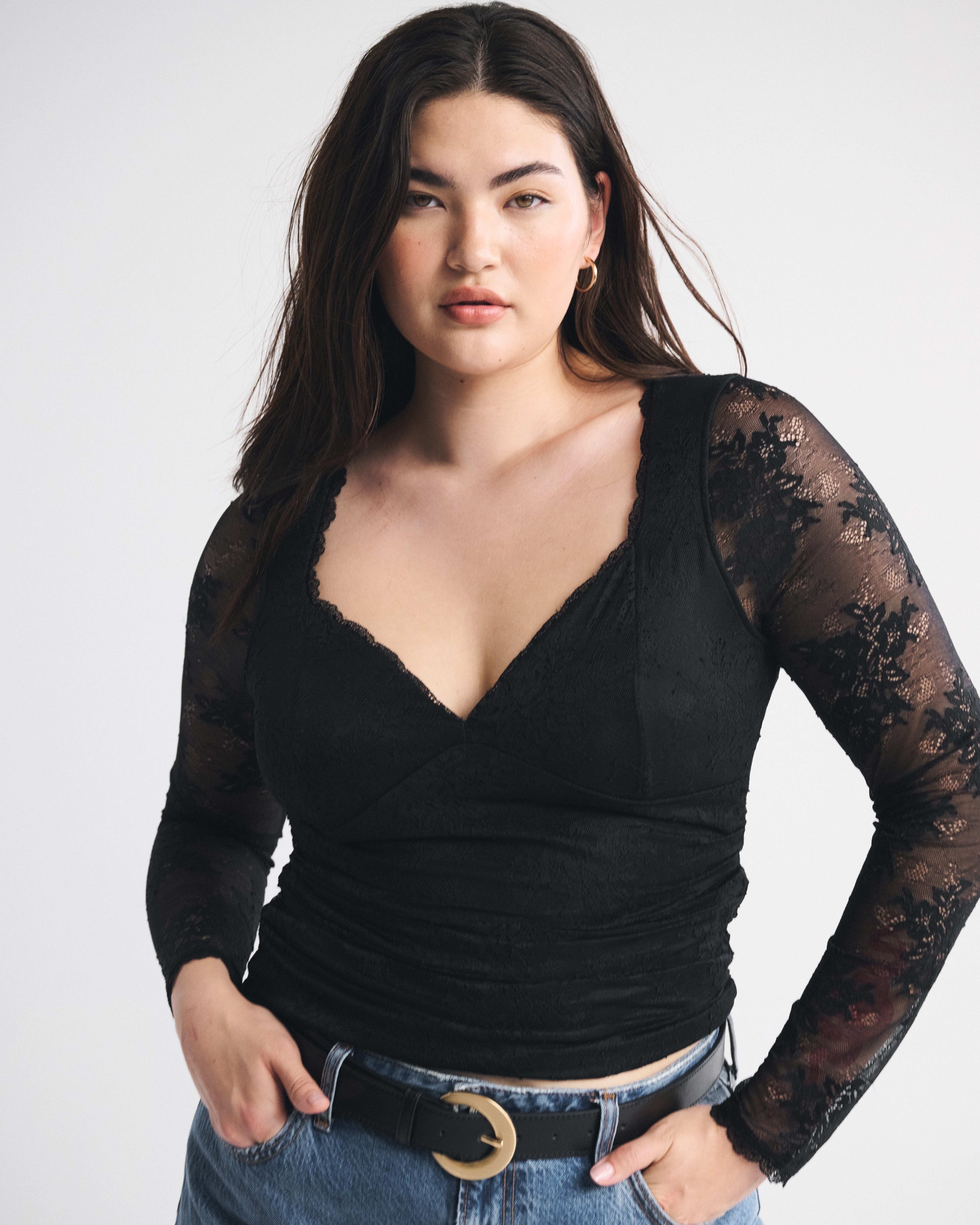 Abercrombie & Fitch A&f Zoe Bra-free Long-sleeve Lace Top In Black