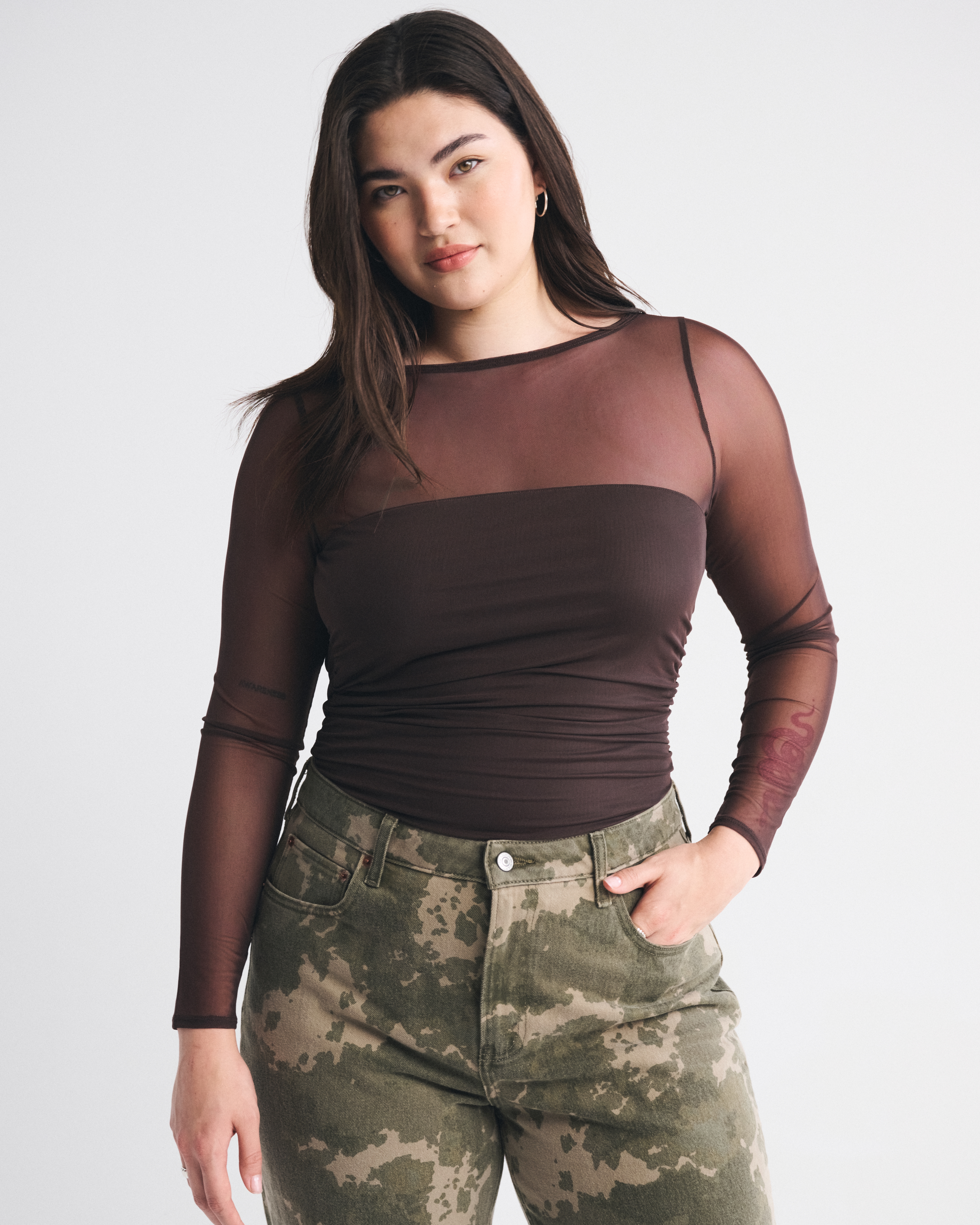 Abercrombie & Fitch Bra-free Long-sleeve Open-back Hardware Bodysuit In Brown