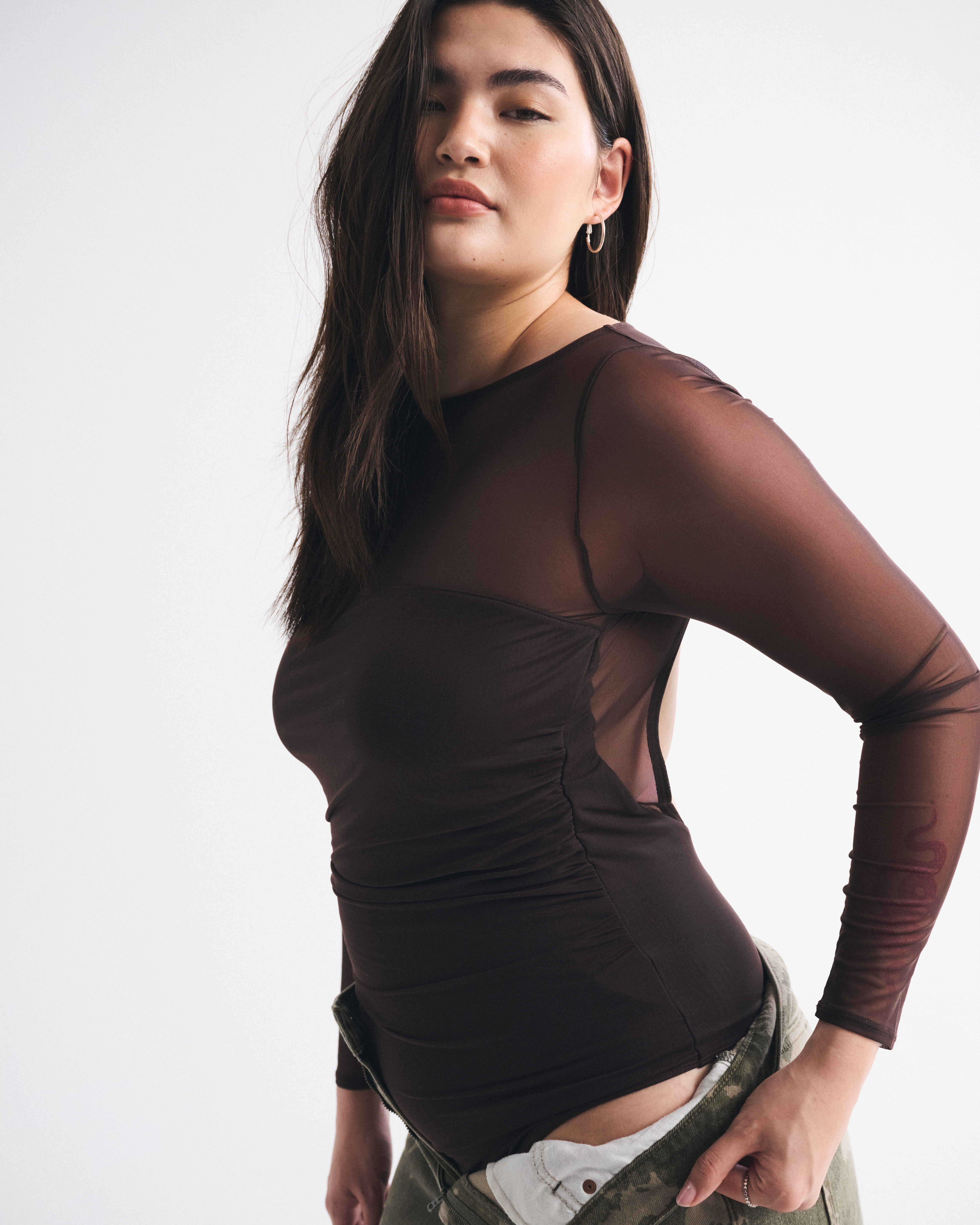 Abercrombie & Fitch Bra-free Long-sleeve Open-back Hardware Bodysuit In Brown