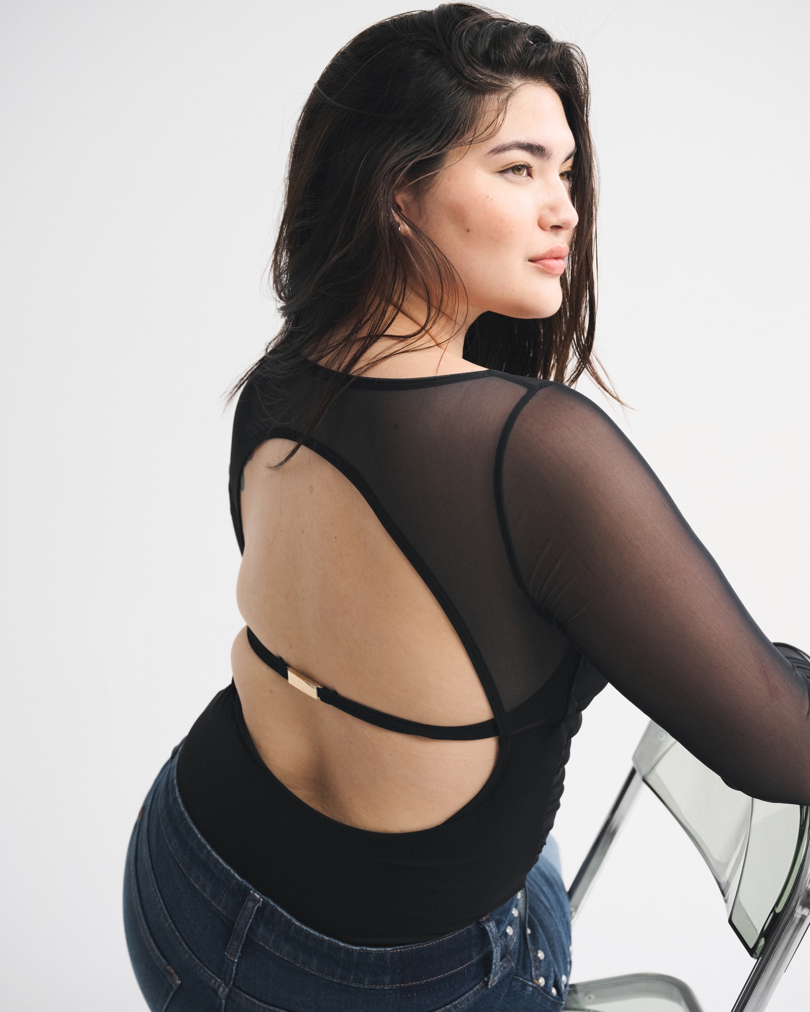 Bra-Free Long-Sleeve Open-Back Hardware Bodysuit