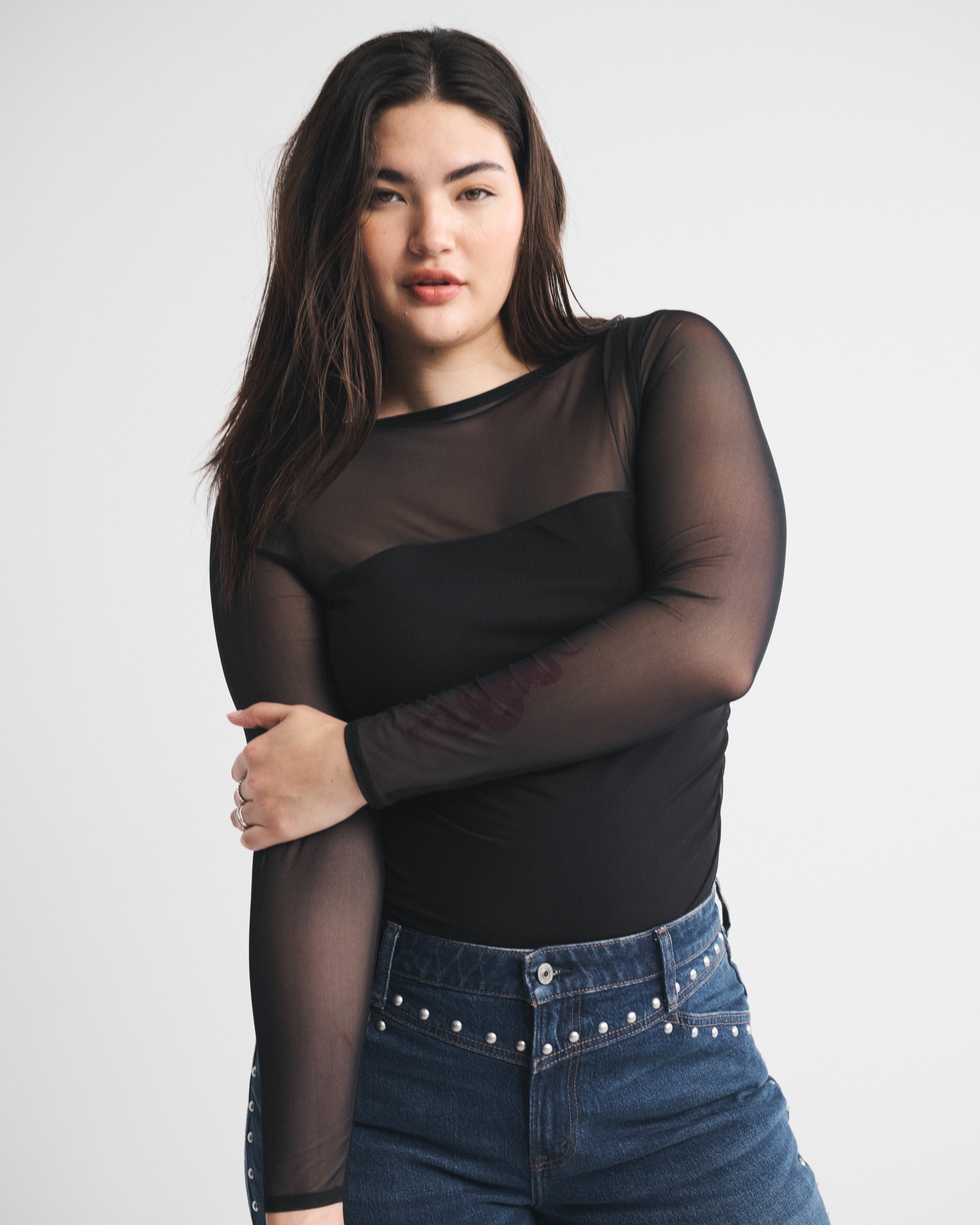 Abercrombie & Fitch Bra-free Long-sleeve Open-back Hardware Bodysuit In Black