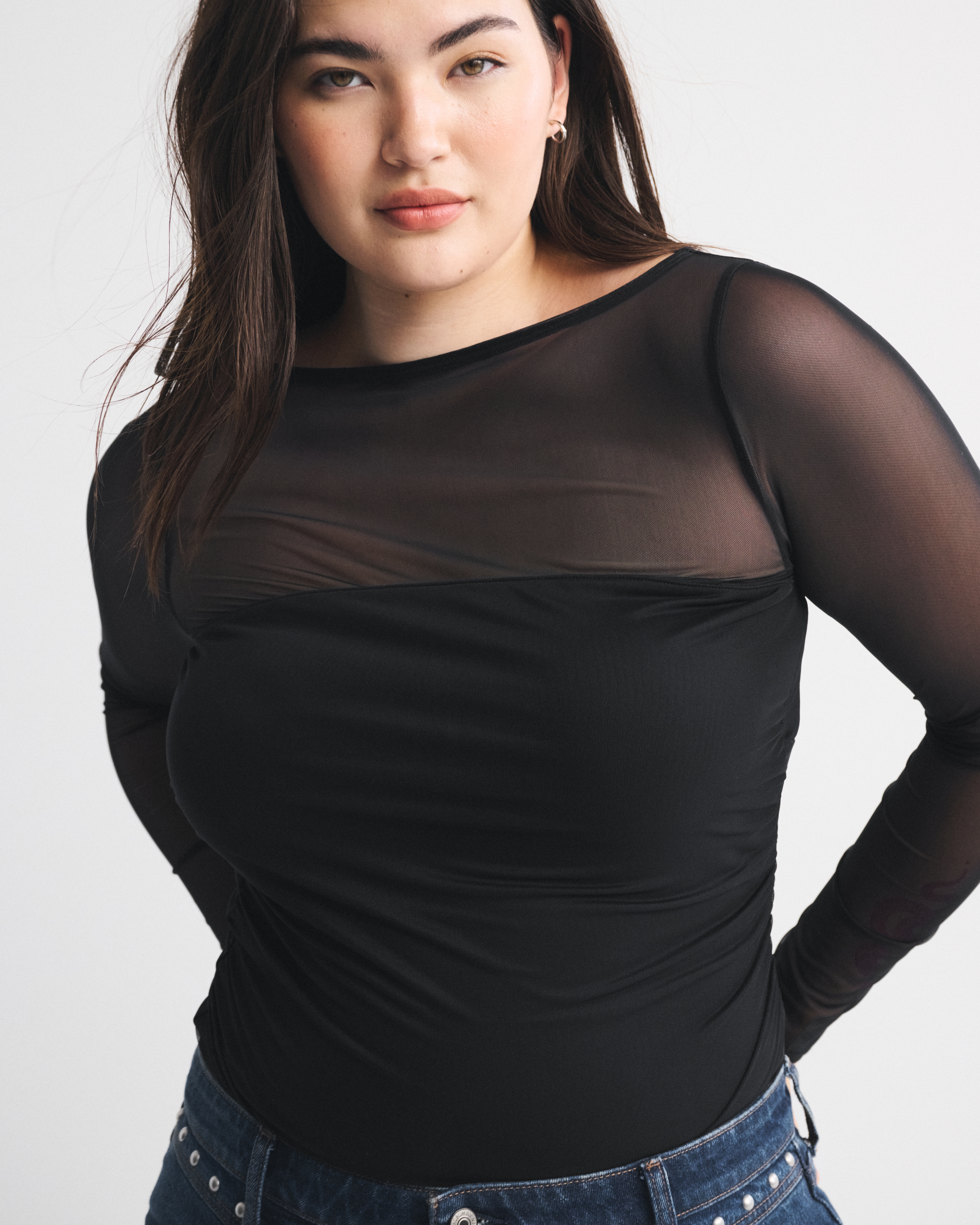 Abercrombie & Fitch Bra-free Long-sleeve Open-back Hardware Bodysuit In Black