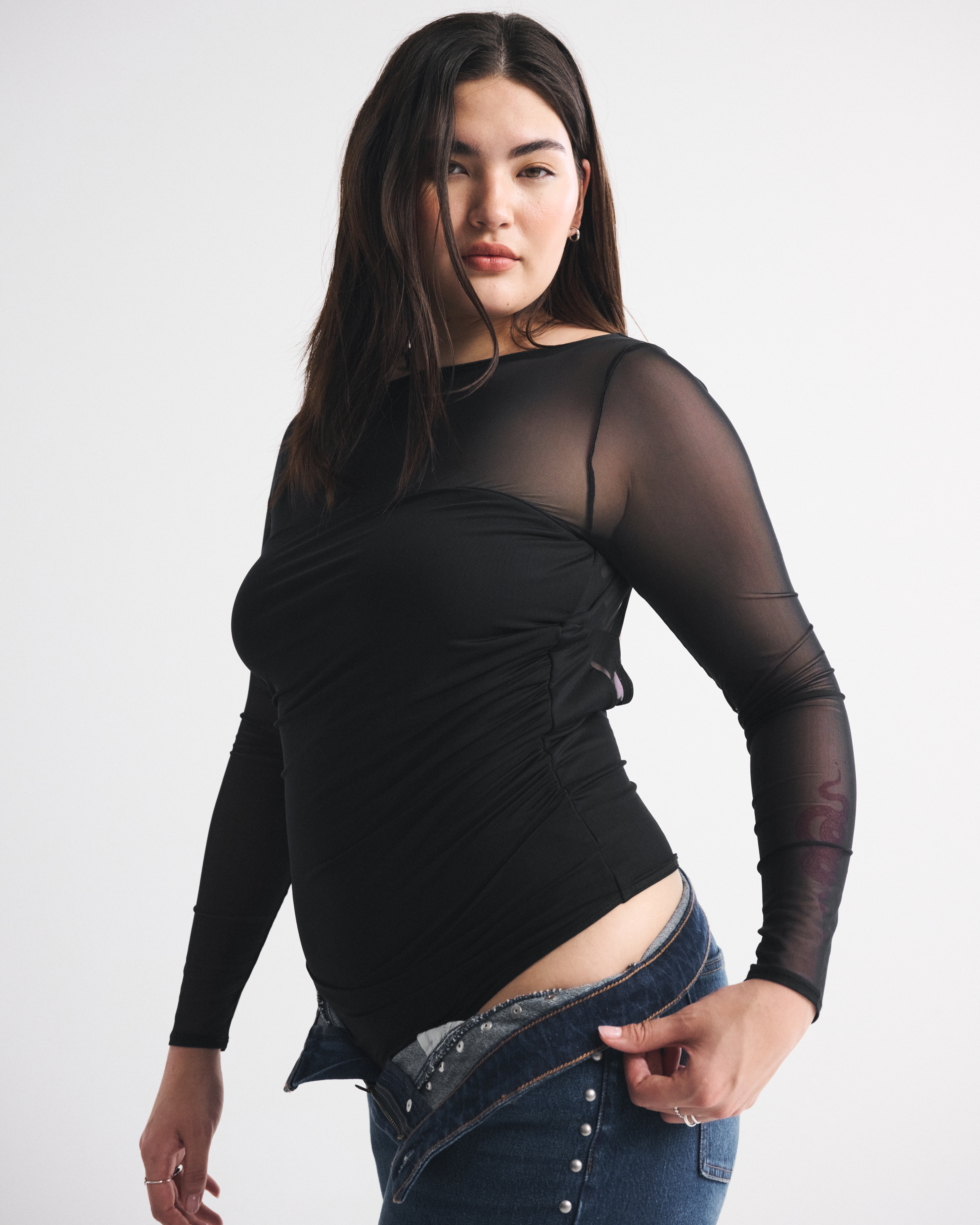 Abercrombie & Fitch Bra-free Long-sleeve Open-back Hardware Bodysuit In Black