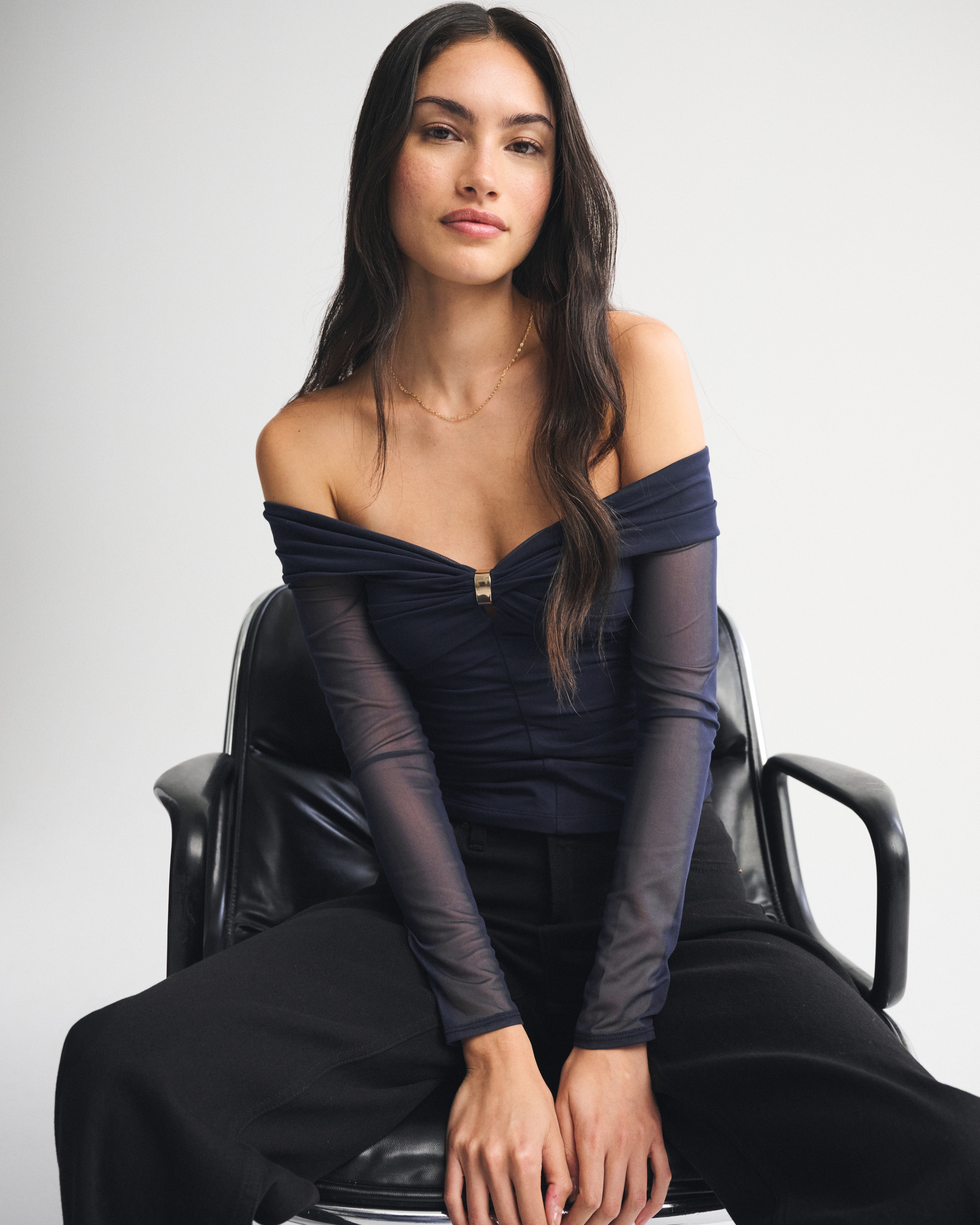 Abercrombie & Fitch Off-the-shoulder Mesh Hardware Top In Blue