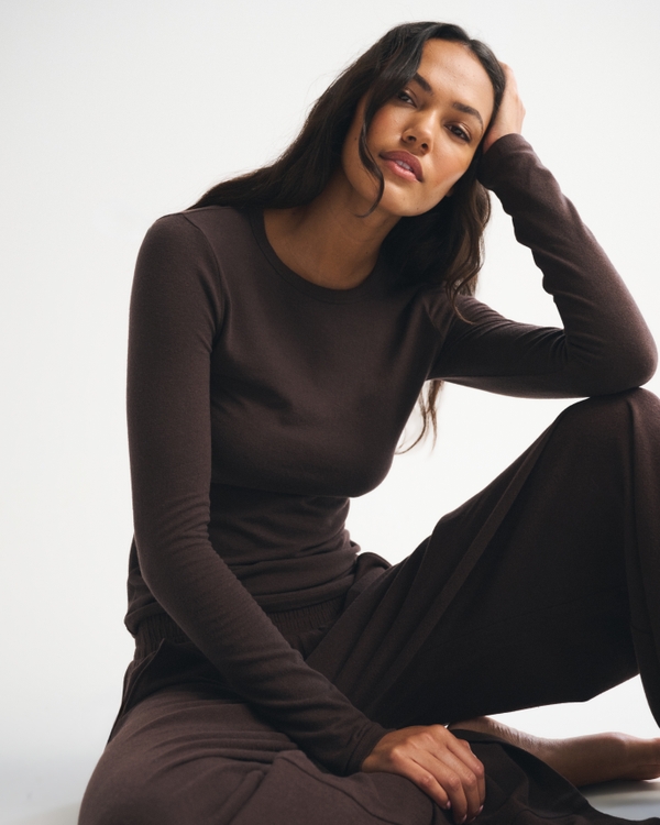 Long-Sleeve Cozy Lounge Knit Tee, Dark Coffee view 1