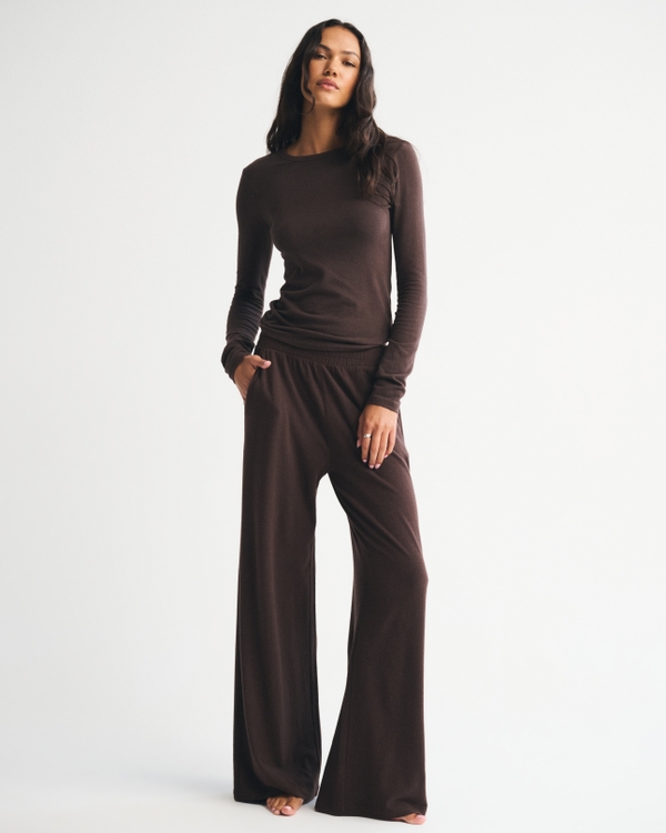 Long-Sleeve Cozy Lounge Knit Tee, Dark Coffee view 2