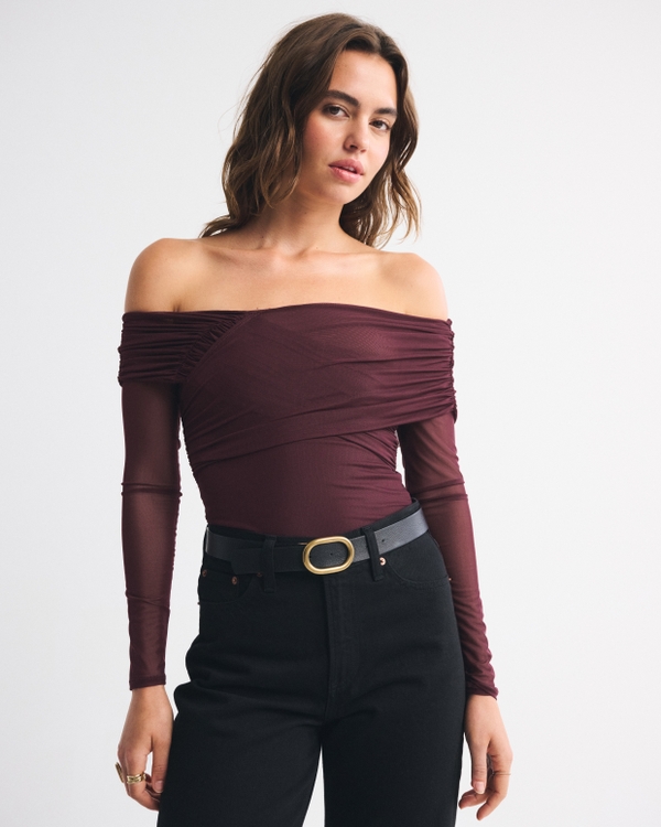 Long-Sleeve Asymmetrical Wrap Bodysuit, Red Wine view 2