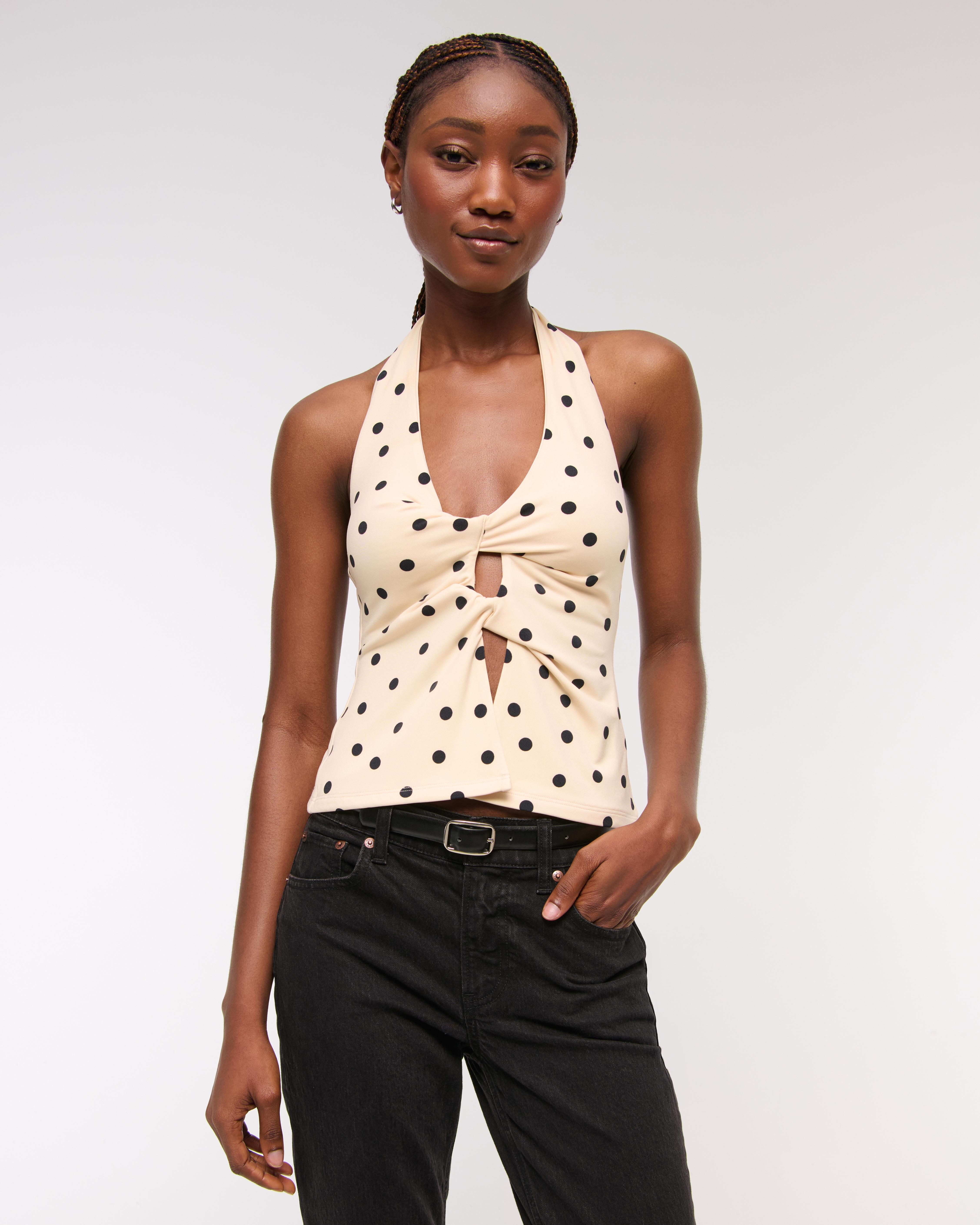 3WAY CUT TOPS&DOT HALTERNECK SET グレー Women's Bra-Free Twist Halter Cutout Top | Women's Clearance