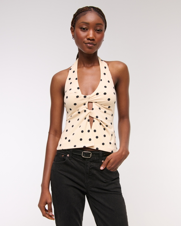 Bra-Free Twist Halter Cutout Top, Cream Polka Dot view 1