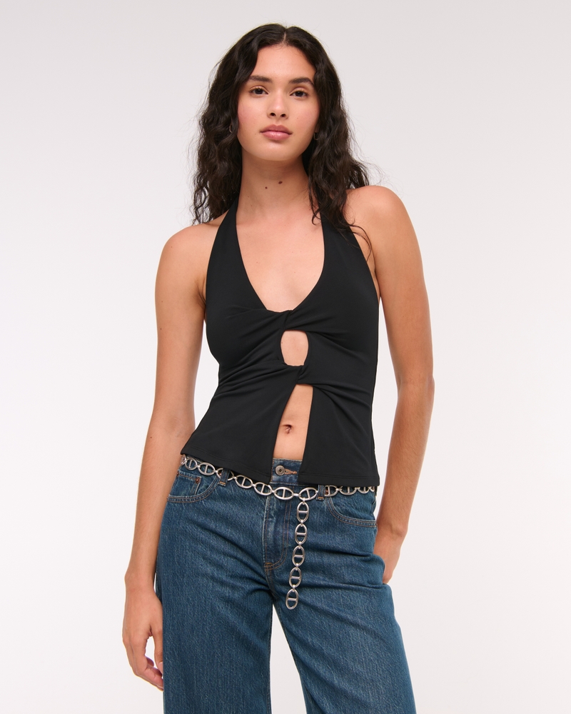 Bra-Free Twist Halter Cutout Top