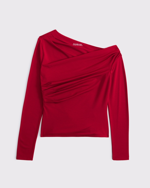 Long-Sleeve Asymmetrical Draped Top, Red view 1