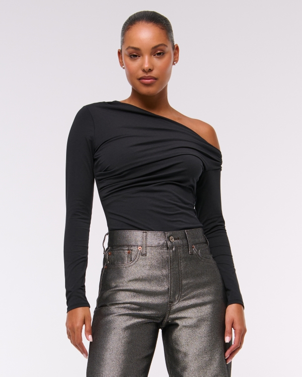 Long-Sleeve Asymmetrical Draped Top, Black view 1