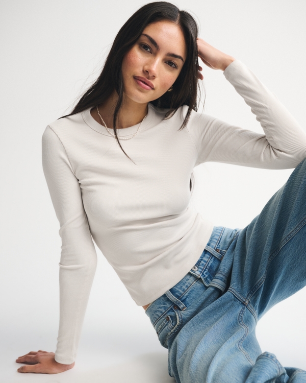 Long-Sleeve Powdered Rib Tee, Warm Beige view 1