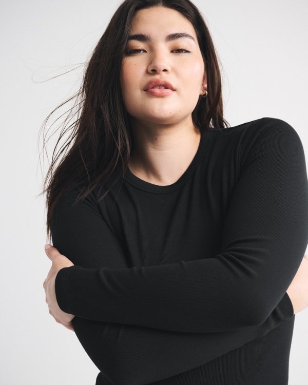 Long-Sleeve Powdered Rib Tee, Black view 1