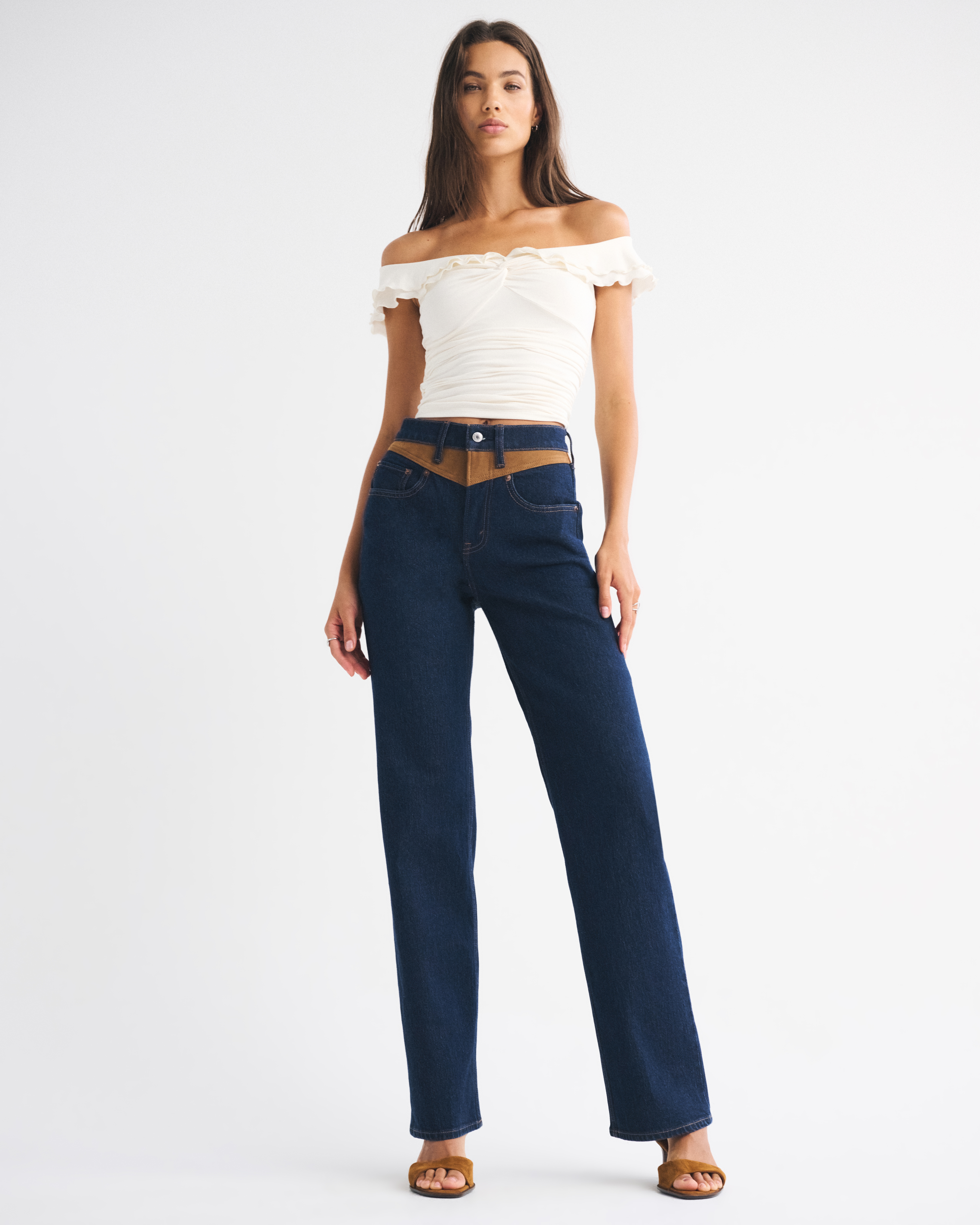 トップス M me eme Ruffle off shoulder denim tops DANA OFF THE SHOULDER RUFFLE DETAIL DENIM TOP – AKIRA