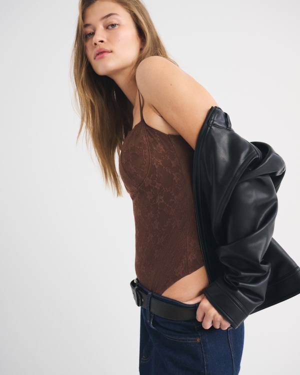 Bra-Free Lace Bodysuit, Brown view 1