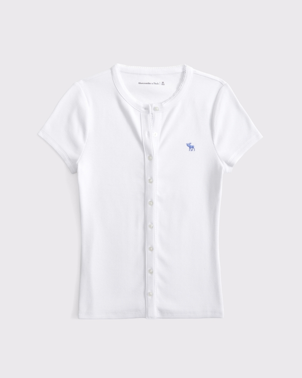 Short-Sleeve Rib Icon Button-Through Top, White view 1
