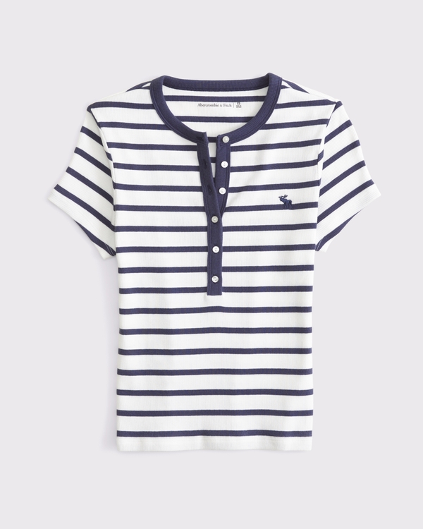 Short-Sleeve Icon Henley Rib Top, Navy Stripe view 1